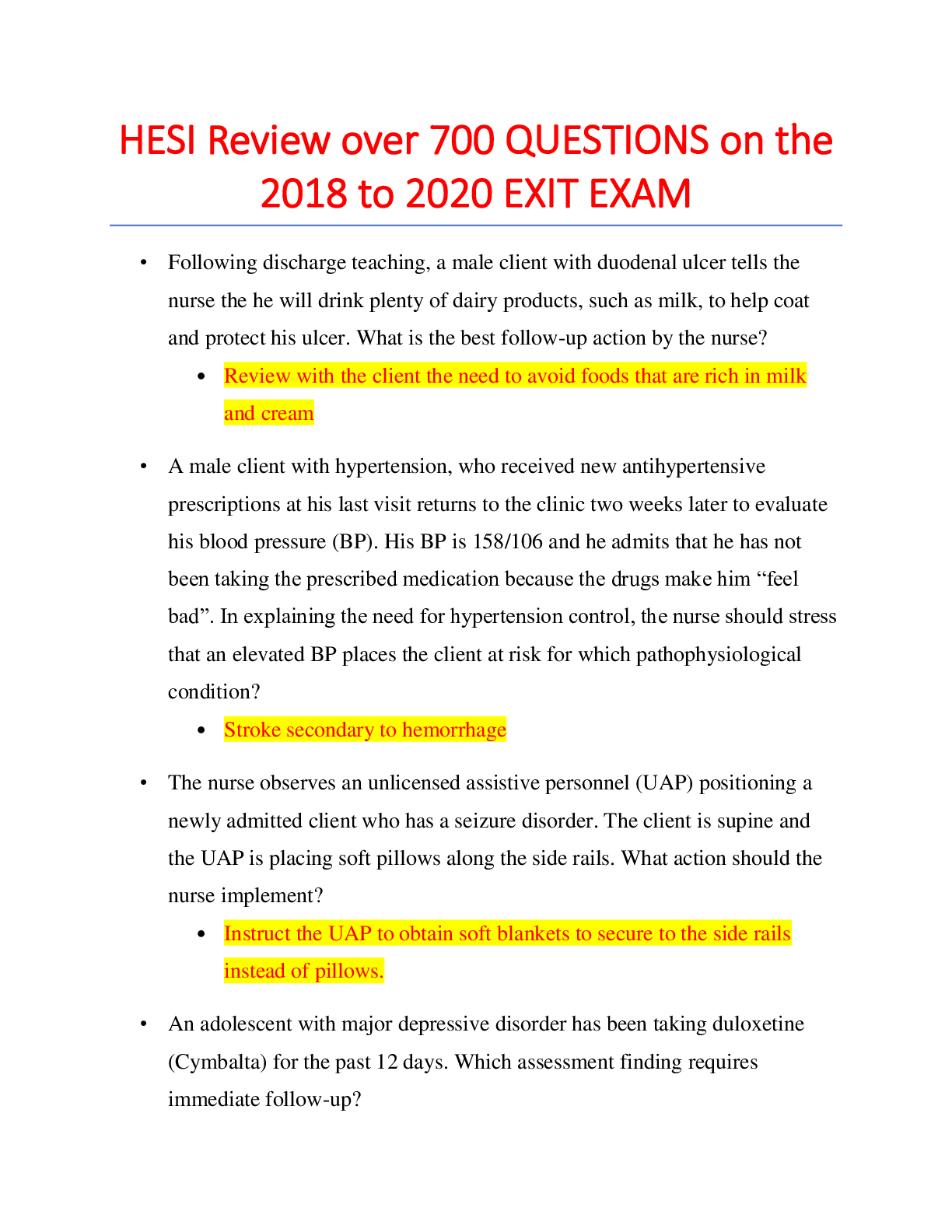 Preview image for HESI RN Review- 700 Quetion TEST BANK- EXIT EXAM. The most Tested Questions Quick read Exam Prep